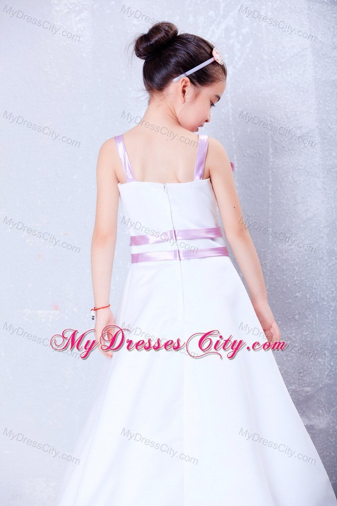 Bowknot Decorated for Straps Ankle-length Taffeta Flower Girl Dress