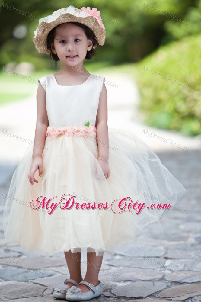 Ball Gown Taffeta and Tulle Little Girl Dress with Handle Flowers