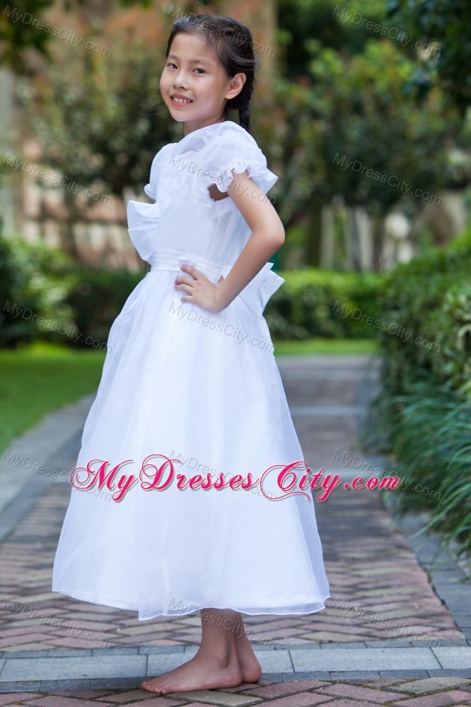 Ankle-length Taffeta and Organza Flower Girl Dress with Bowknot