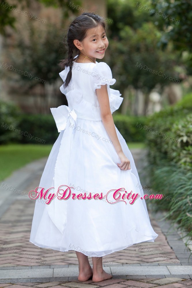 Ankle-length Taffeta and Organza Flower Girl Dress with Bowknot