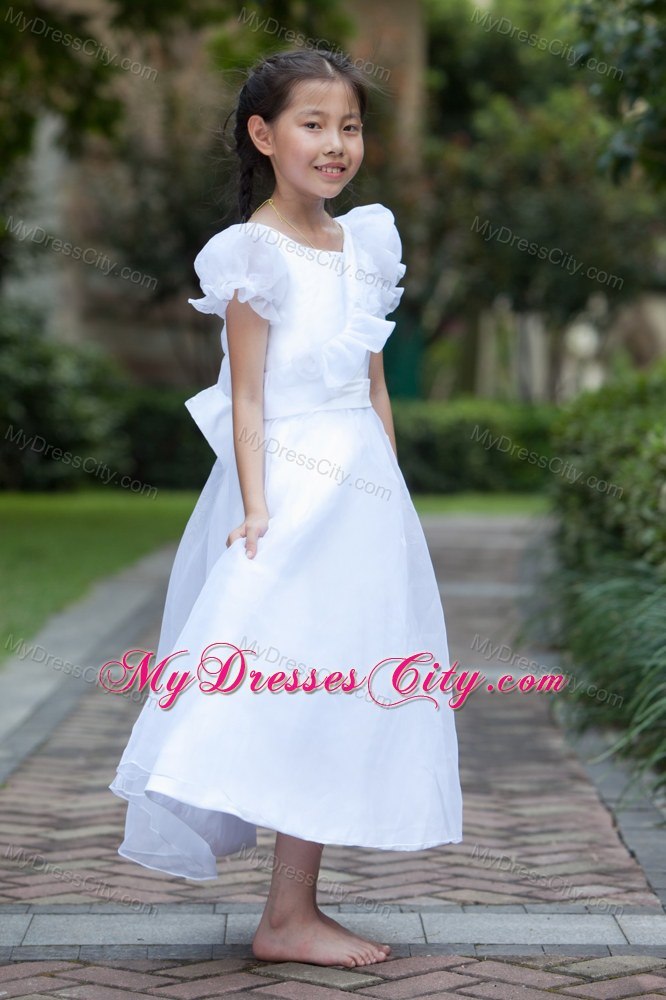 Ankle-length Taffeta and Organza Flower Girl Dress with Bowknot