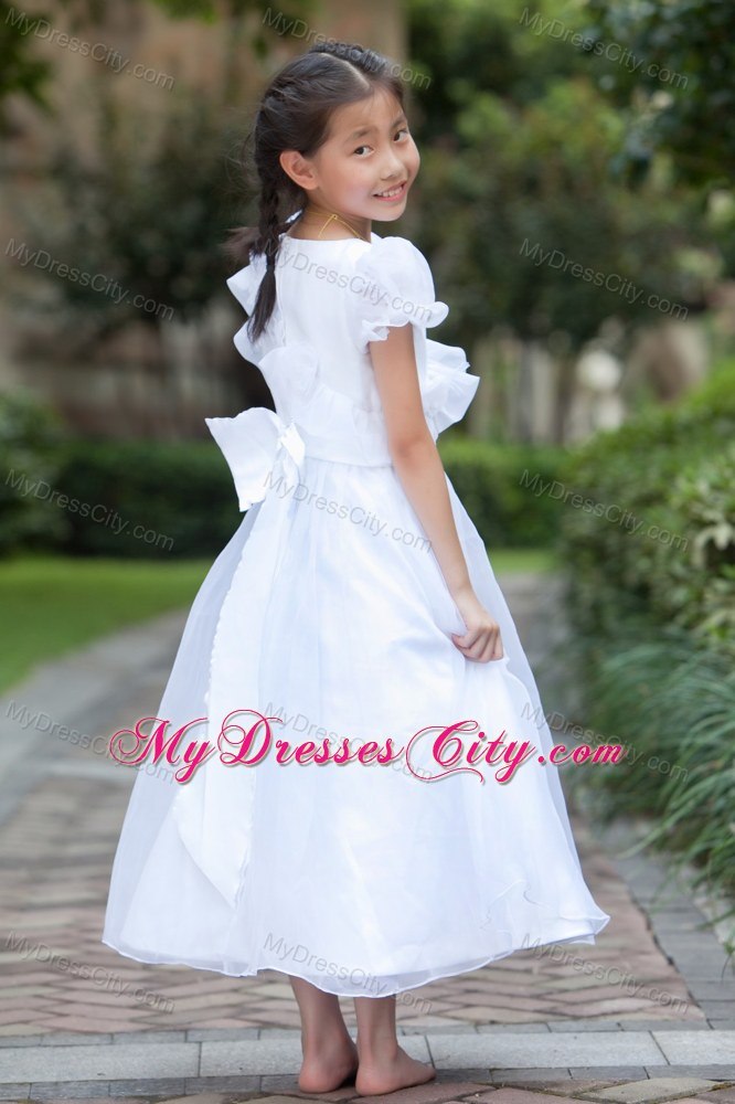 Ankle-length Taffeta and Organza Flower Girl Dress with Bowknot