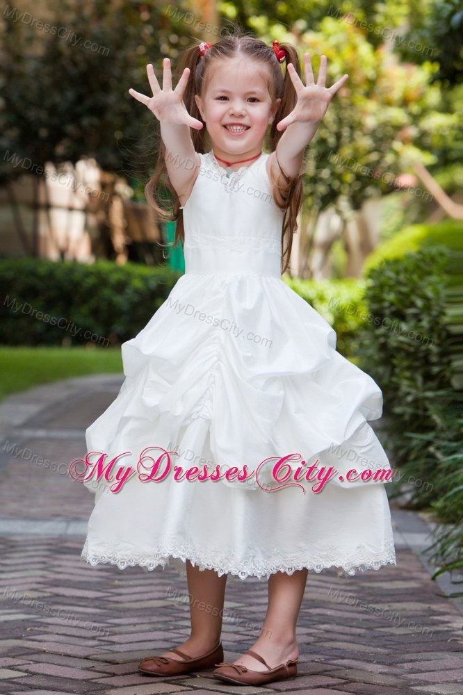 Tea-length Taffeta and Lace Flower Girl Dress with ruches layer