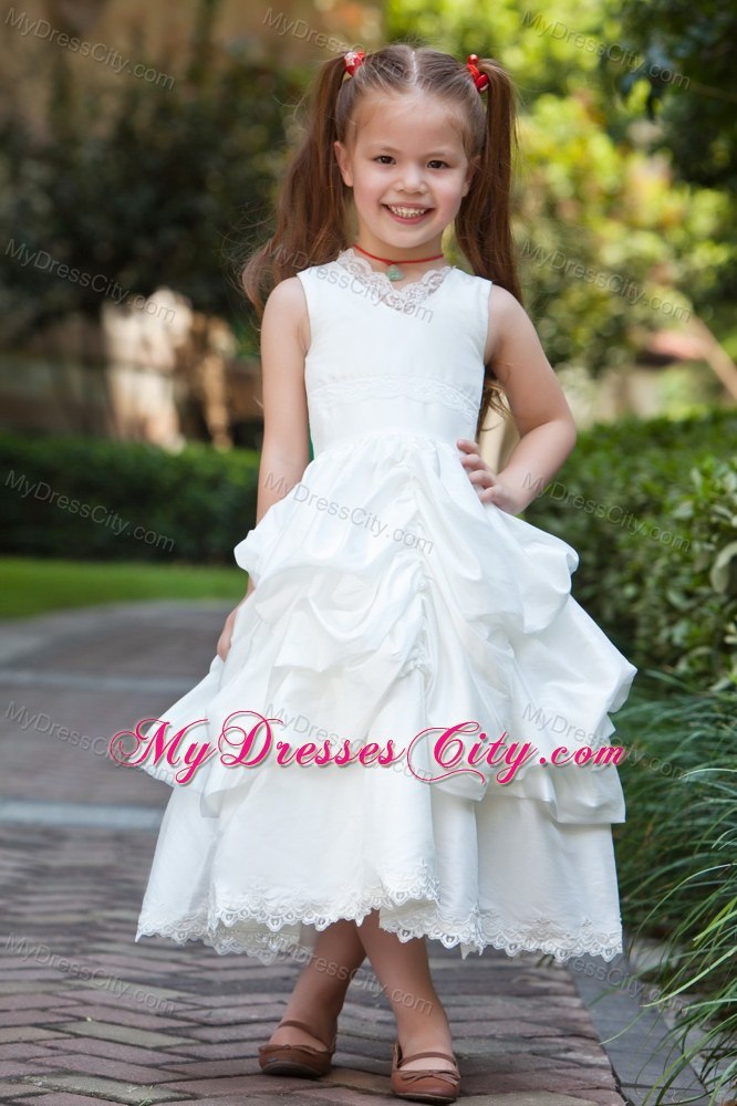 Tea-length Taffeta and Lace Flower Girl Dress with ruches layer