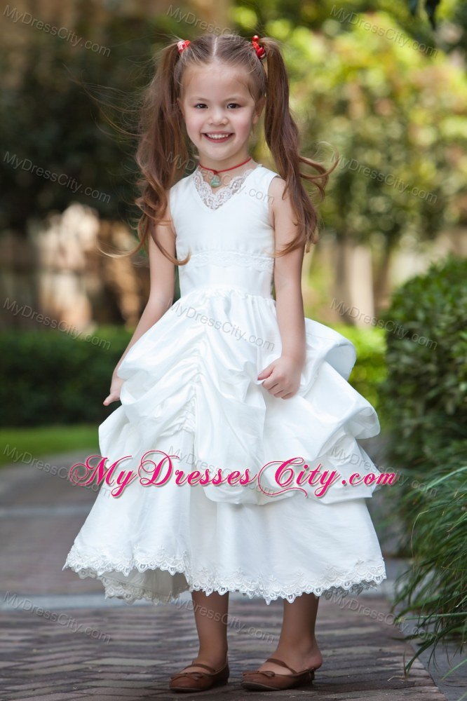 Tea-length Taffeta and Lace Flower Girl Dress with ruches layer