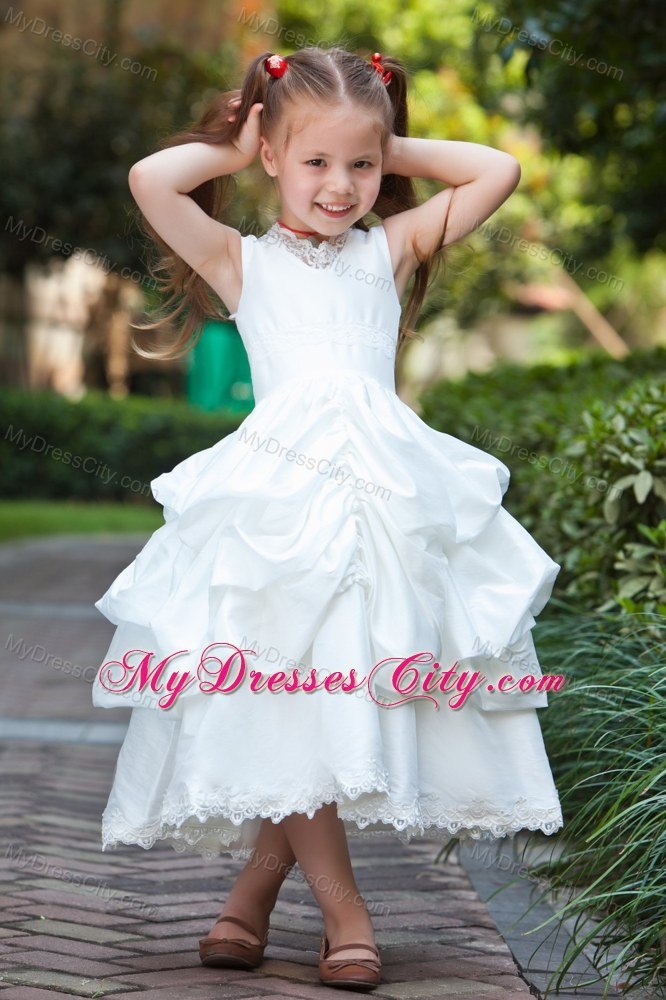 Tea-length Taffeta and Lace Flower Girl Dress with ruches layer