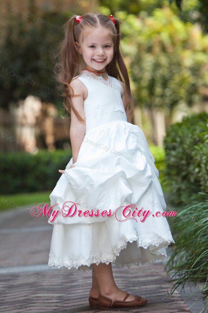 Tea-length Taffeta and Lace Flower Girl Dress with ruches layer