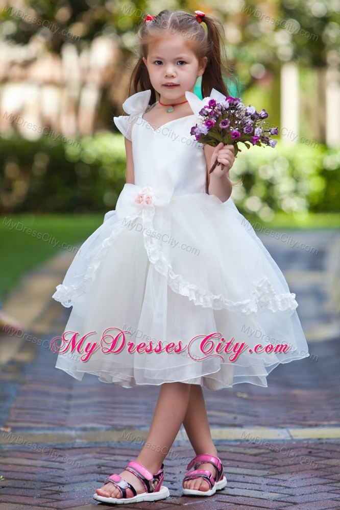 Handle Flowers for V-neck Taffeta and Organza Ruched Flower Girl Dress