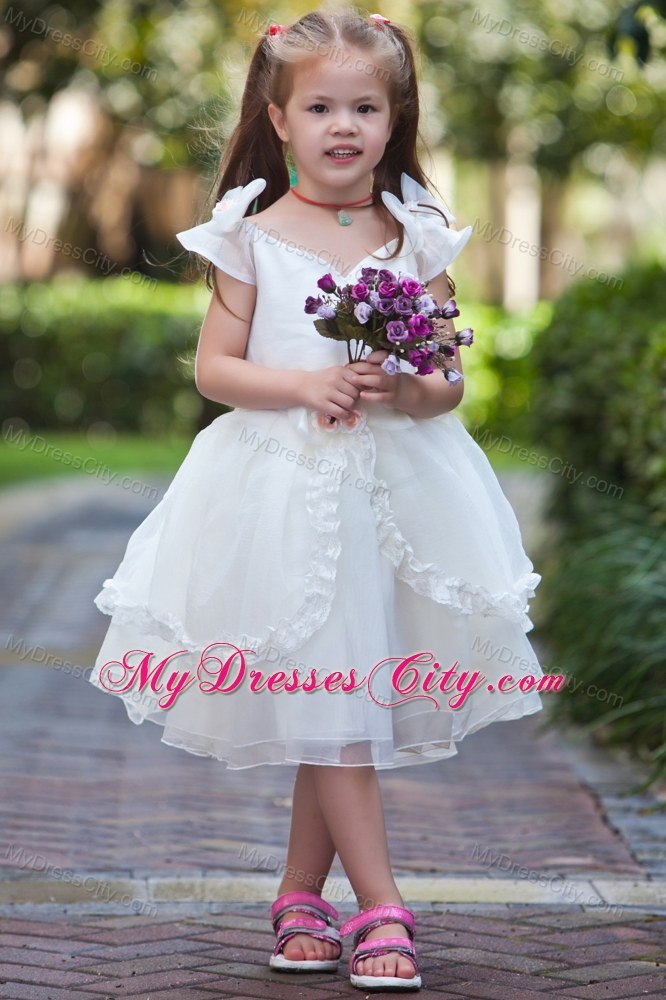 Handle Flowers for V-neck Taffeta and Organza Ruched Flower Girl Dress