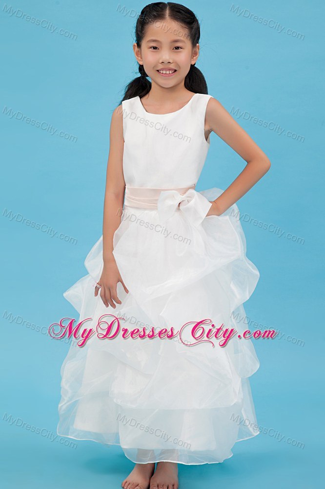 White Scoop Ankle-length Ruched Organza Flower Girl Dress with Sash