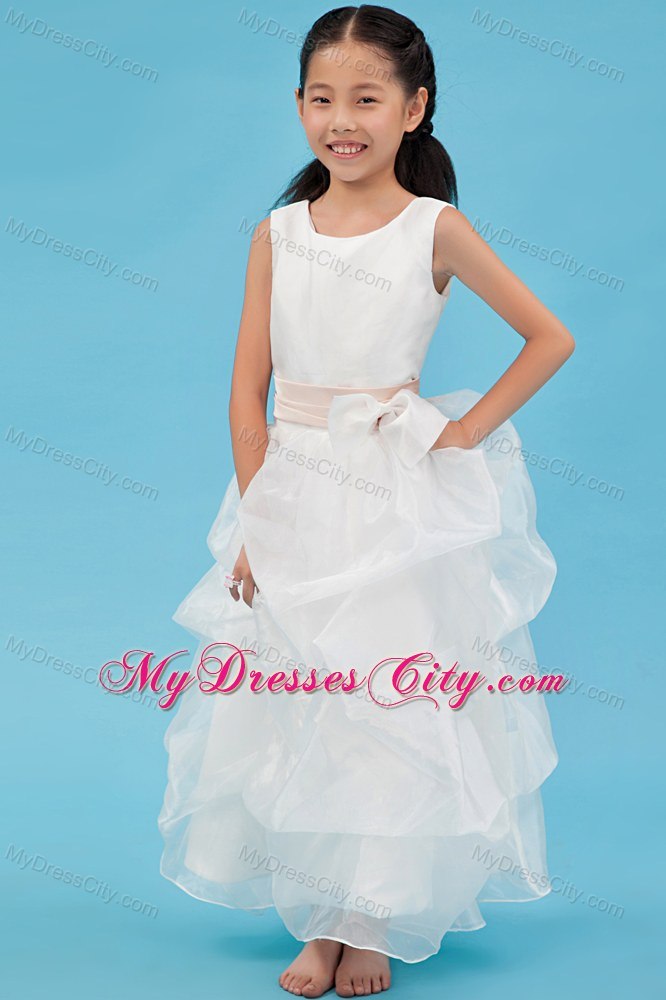 White Scoop Ankle-length Ruched Organza Flower Girl Dress with Sash