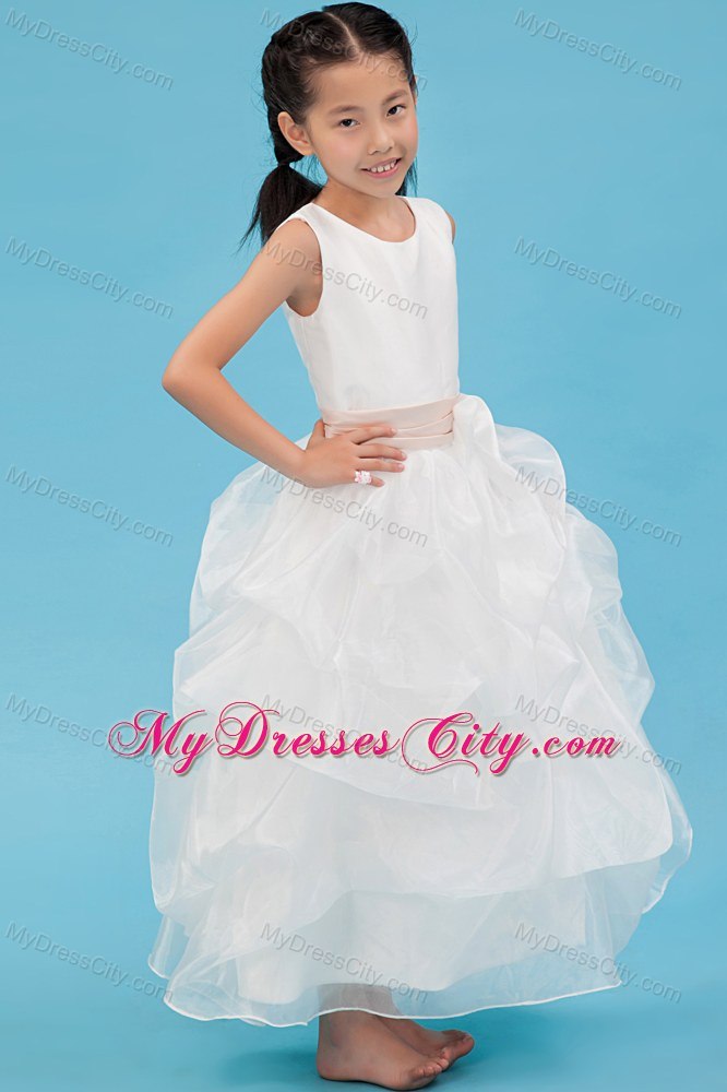 White Scoop Ankle-length Ruched Organza Flower Girl Dress with Sash