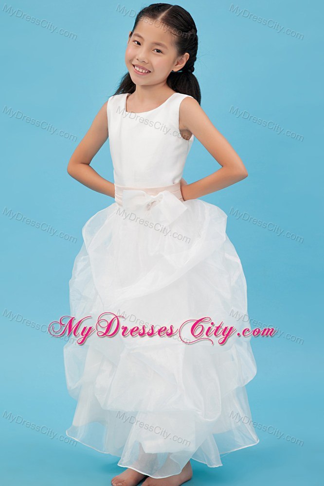 White Scoop Ankle-length Ruched Organza Flower Girl Dress with Sash