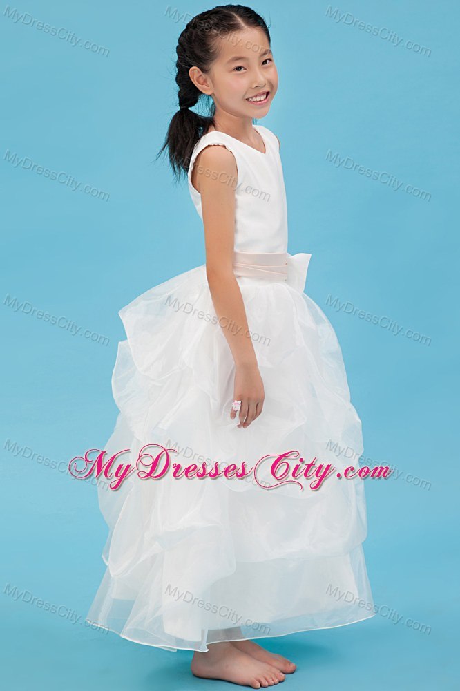 White Scoop Ankle-length Ruched Organza Flower Girl Dress with Sash