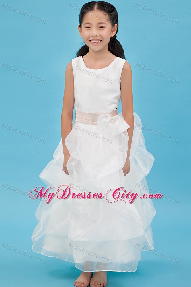 White Scoop Ankle-length Ruched Organza Flower Girl Dress with Sash