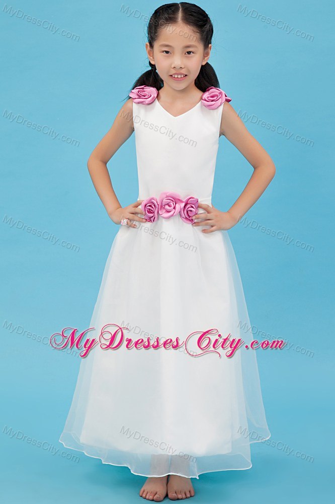 V-neck Ankle-length Organza Flower Girl Dress with Handle Flowers