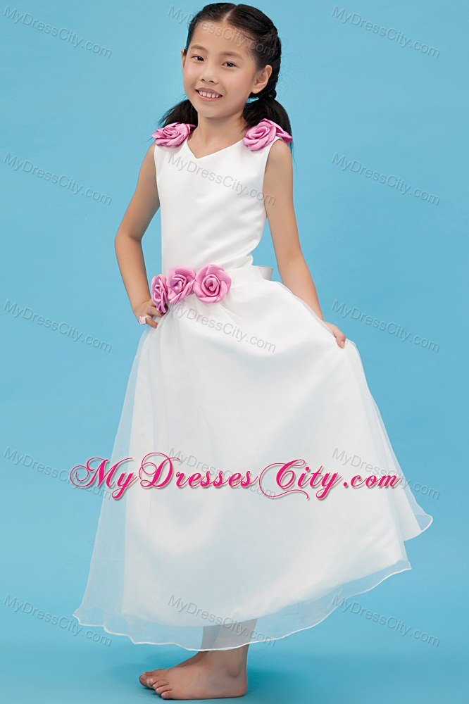 V-neck Ankle-length Organza Flower Girl Dress with Handle Flowers