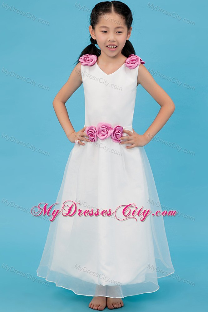 V-neck Ankle-length Organza Flower Girl Dress with Handle Flowers