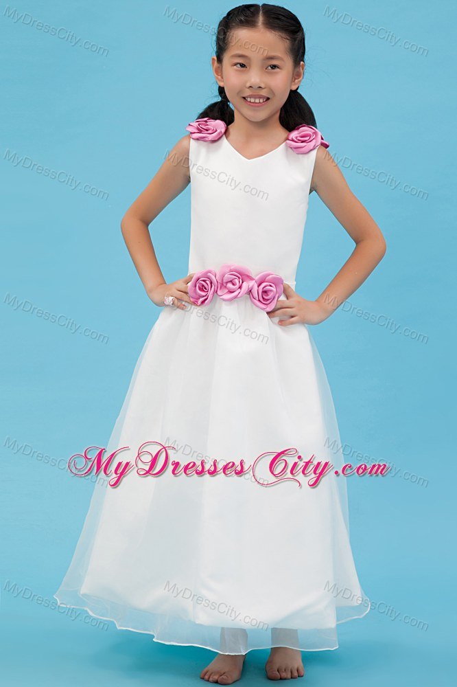 V-neck Ankle-length Organza Flower Girl Dress with Handle Flowers