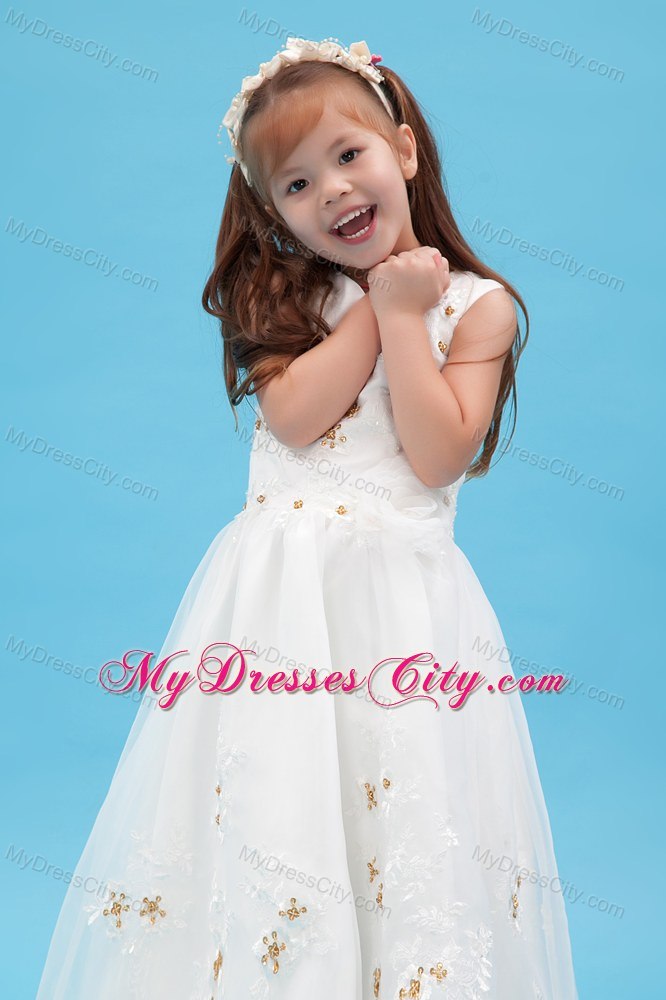 V-neck Floor-length Organza A-line Flower Girl Dress Appliques Accent