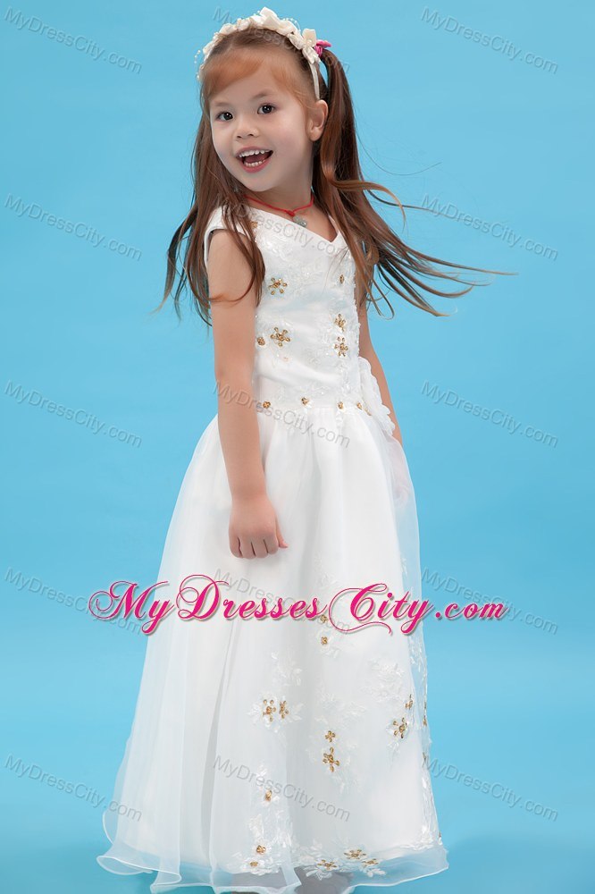 V-neck Floor-length Organza A-line Flower Girl Dress Appliques Accent