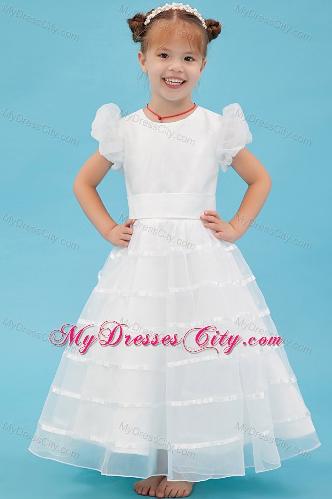 A-line Scoop Organza Belt Accent Flower Girl Dress in Ankle-length