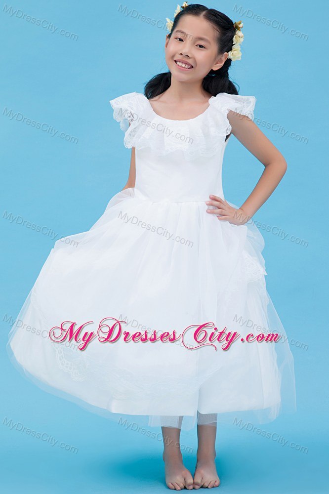 White A-line Scoop Ankle-length Flower Girl Dress in Tulle and Lace