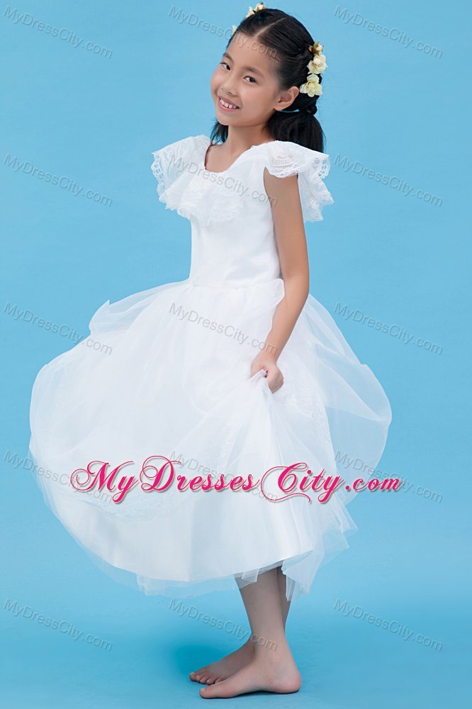 White A-line Scoop Ankle-length Flower Girl Dress in Tulle and Lace