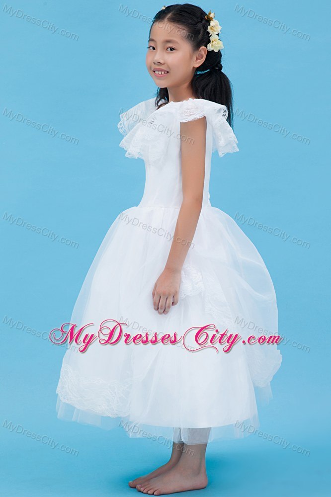 White A-line Scoop Ankle-length Flower Girl Dress in Tulle and Lace