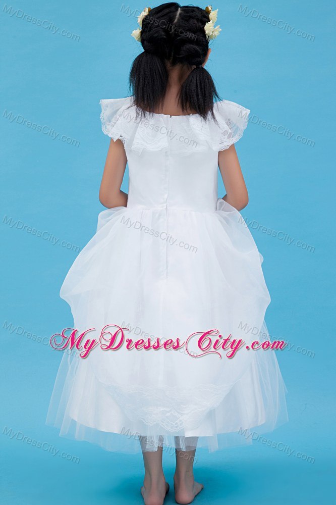 White A-line Scoop Ankle-length Flower Girl Dress in Tulle and Lace