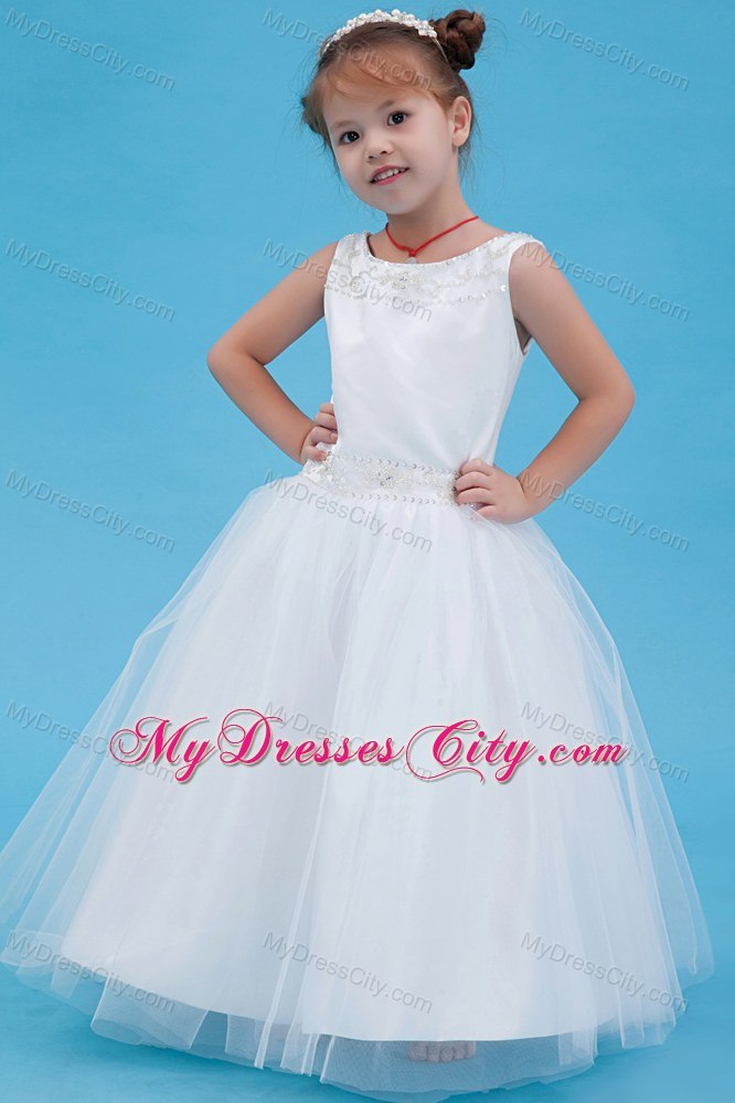 White A-line Scoop Floor-length Flower Girl Dress with Beading