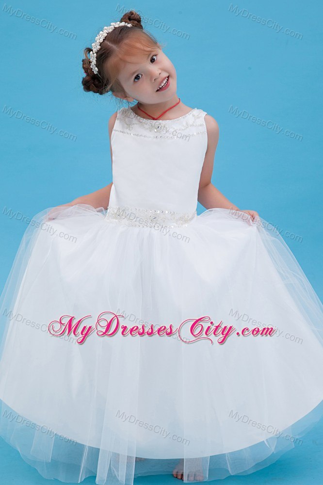 White A-line Scoop Floor-length Flower Girl Dress with Beading