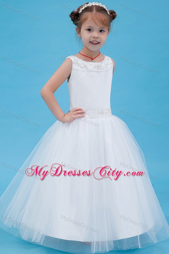 White A-line Scoop Floor-length Flower Girl Dress with Beading