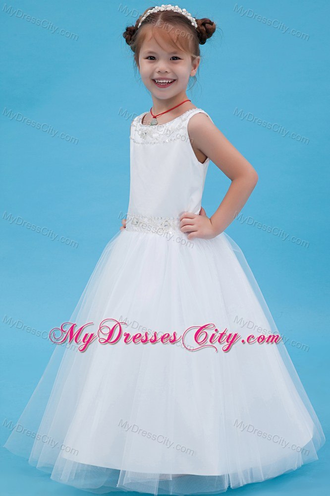 White A-line Scoop Floor-length Flower Girl Dress with Beading