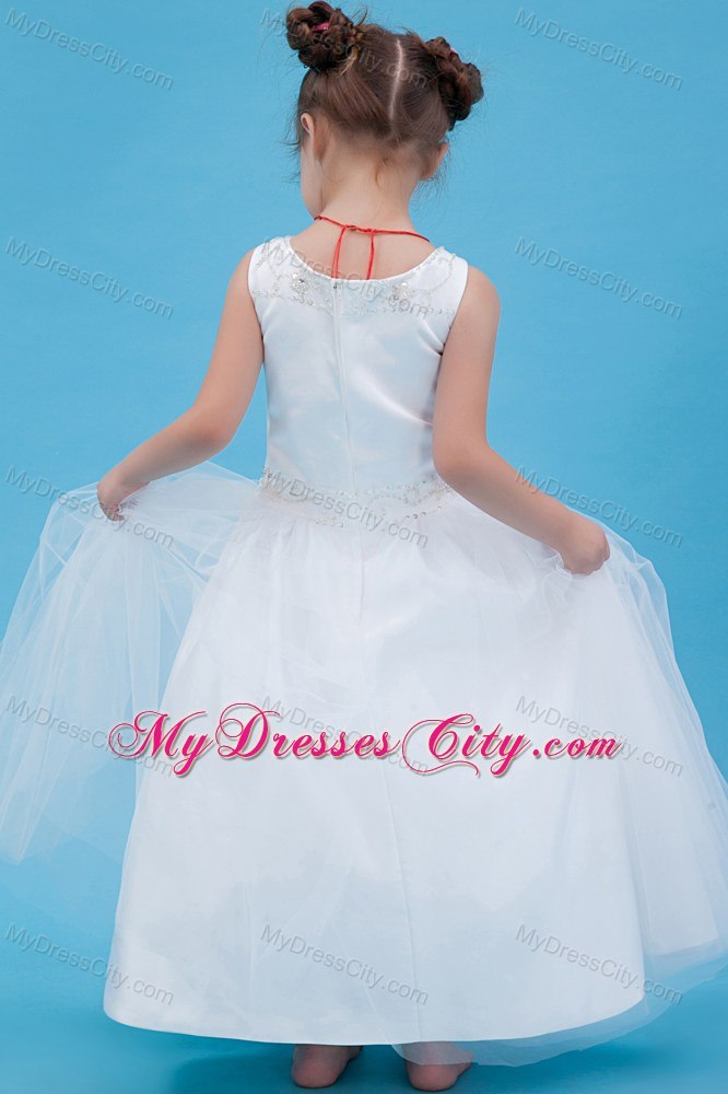 White A-line Scoop Floor-length Flower Girl Dress with Beading