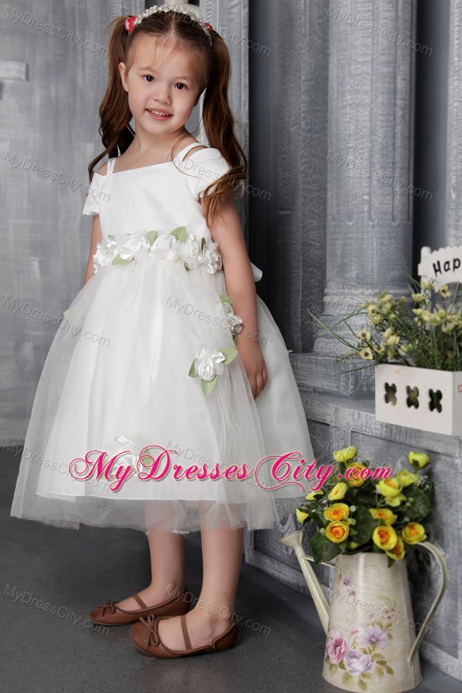 A-line Tea-length Flowers Decorate Flower Girl Dress Square Neckline