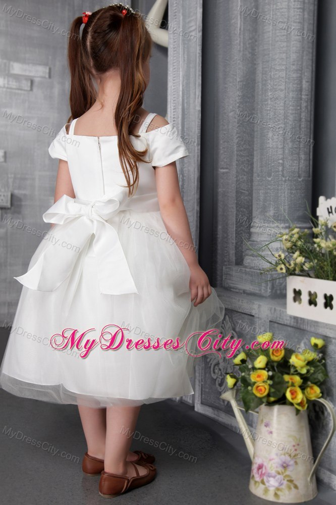 A-line Tea-length Flowers Decorate Flower Girl Dress Square Neckline