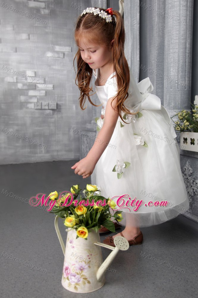 A-line Tea-length Flowers Decorate Flower Girl Dress Square Neckline