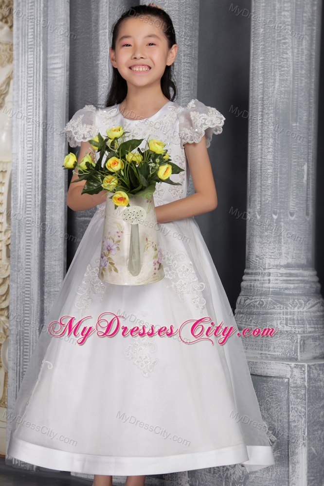 A-line Ankel-length with Scoop Lace Flower Girl Dress With Cap Sleeves