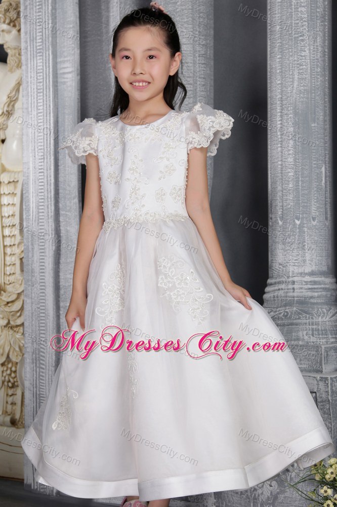 A-line Ankel-length with Scoop Lace Flower Girl Dress With Cap Sleeves