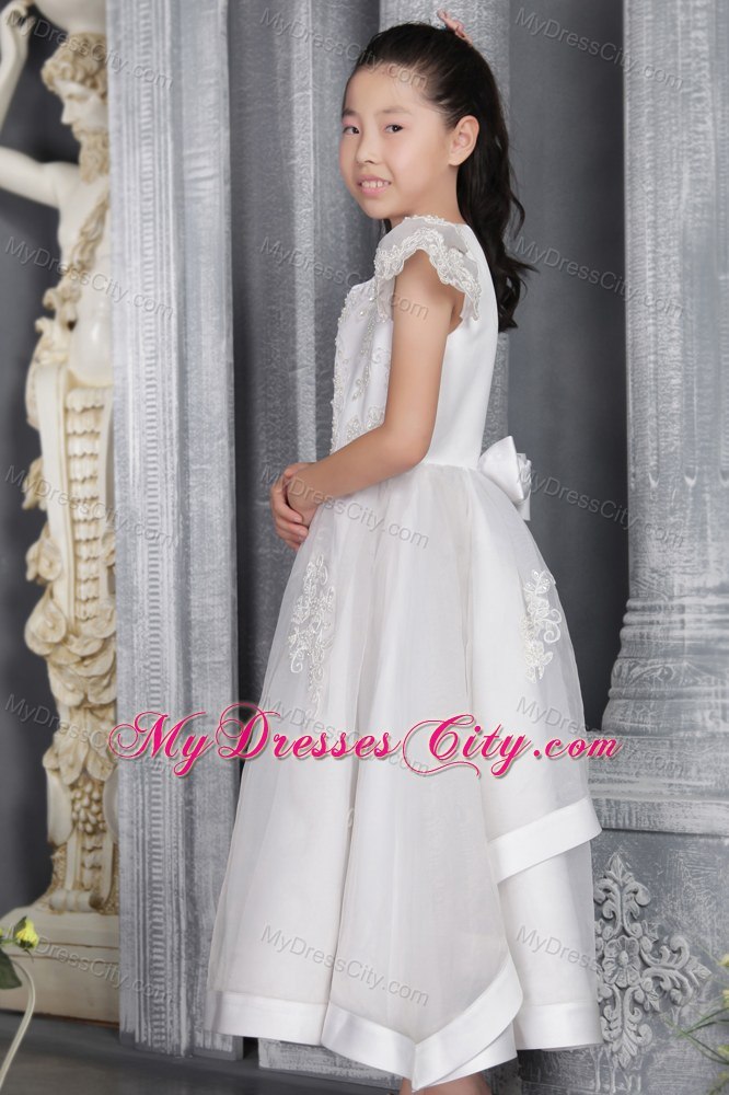 A-line Ankel-length with Scoop Lace Flower Girl Dress With Cap Sleeves