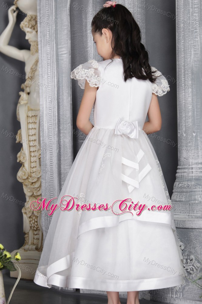 A-line Ankel-length with Scoop Lace Flower Girl Dress With Cap Sleeves