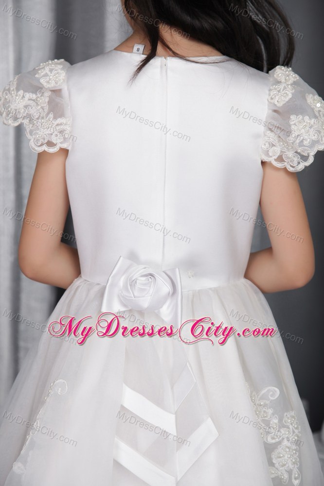 A-line Ankel-length with Scoop Lace Flower Girl Dress With Cap Sleeves