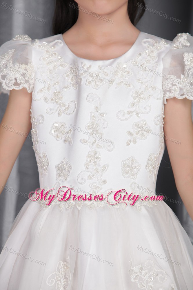 A-line Ankel-length with Scoop Lace Flower Girl Dress With Cap Sleeves