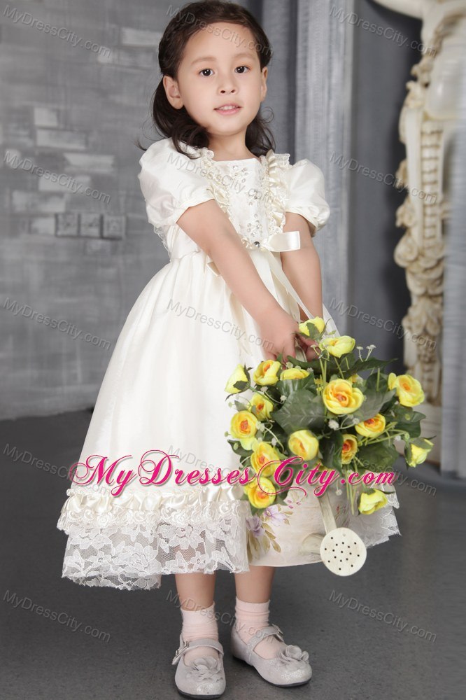 Off White A-line Scoop Tea-length Flower Girl Dress Beading Decorate