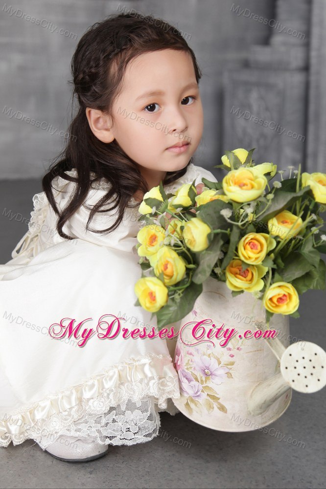 Off White A-line Scoop Tea-length Flower Girl Dress Beading Decorate