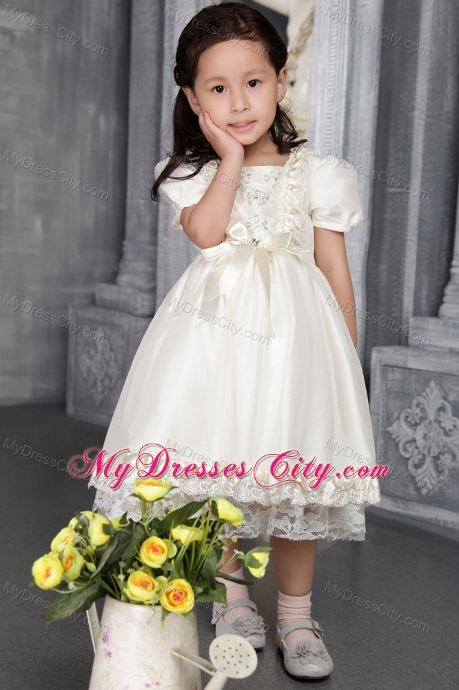 Off White A-line Scoop Tea-length Flower Girl Dress Beading Decorate