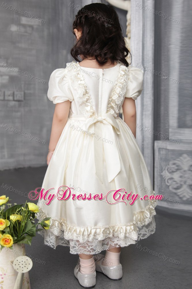 Off White A-line Scoop Tea-length Flower Girl Dress Beading Decorate