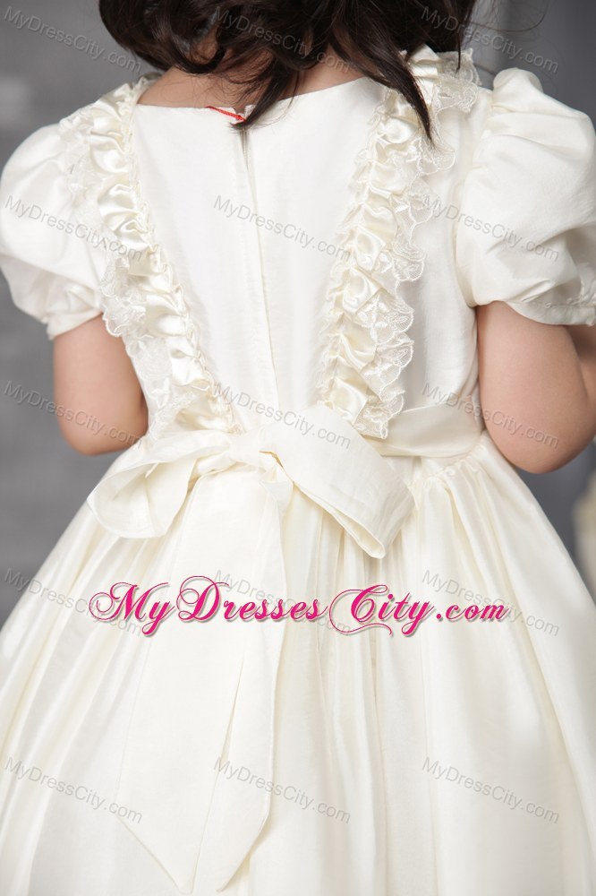 Off White A-line Scoop Tea-length Flower Girl Dress Beading Decorate