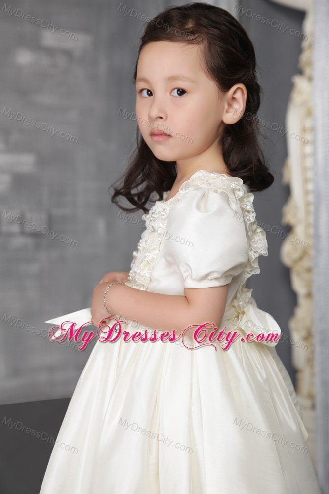 Off White A-line Scoop Tea-length Flower Girl Dress Beading Decorate